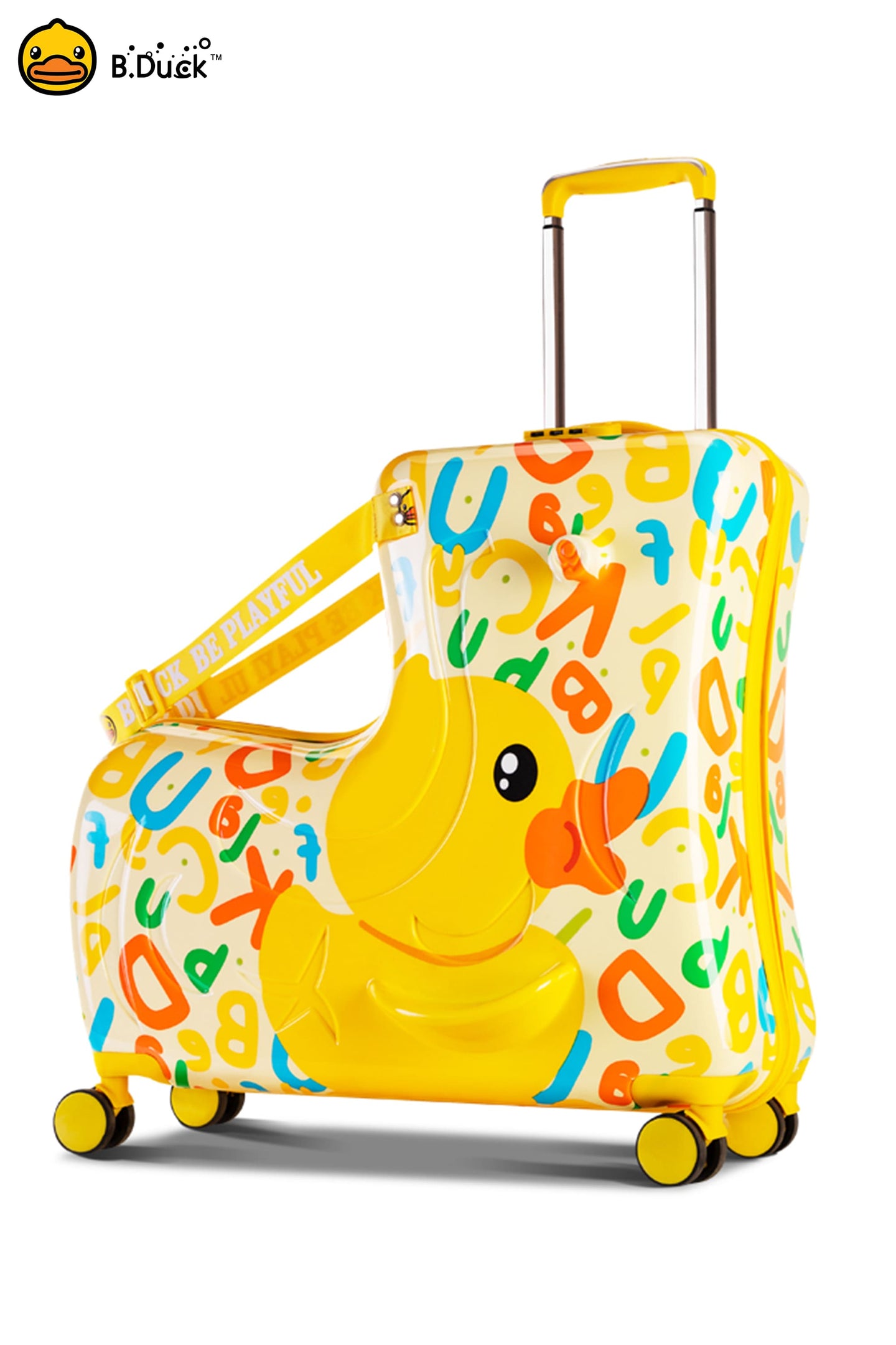 B.Duck Ride On Suitcase for Kids Luggage Wheels with Safety Seat Belt